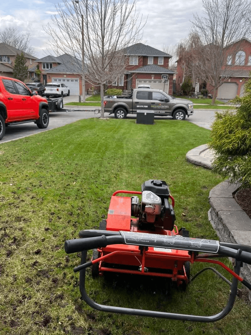 Front-yard core aeration using professional equipment in an Oshawa neighbourhood